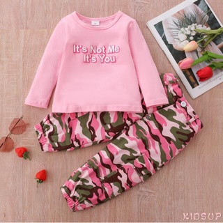 Kidsup-Girls Casual rosa cuello redondo jersey y camuflaje impreso patrón pantalones