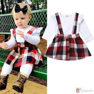 Babygarden-Bebé niñas conjunto de ropa Check impresión botón liguero falda+ cuello redondo manga larga Color sólido volantes Tops