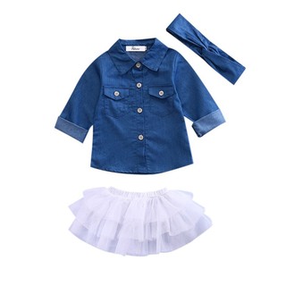 Nueva moda niños bebé niñas Denim Tops camisa+Tutu faldas vestido diadema 3pcs (3)