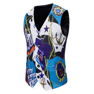 chaleco para los hombres de la personalidad de la moda de vela de la cadena de impresión de un solo botonadura chaleco masculino otoño nuevo azul púrpura