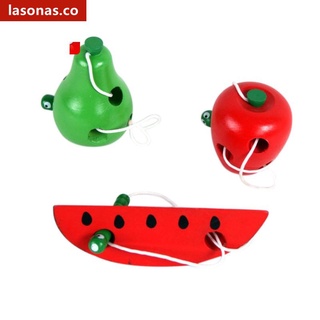 【In stock】 Maçã / melancia / pêra fruta worm enfiar laço jogo Montessori puzzle brinquedo de madeira Educação precoce COD