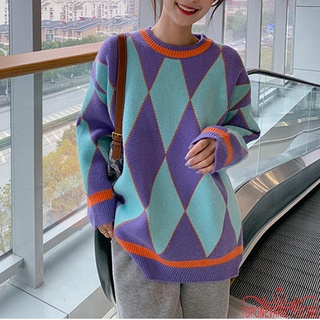 Topq-mujer geometría patrón de manga larga cuello redondo suelto Casual tejer jersey suéter