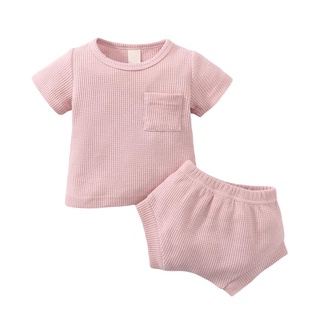 ◑Gj♡Conjunto de ropa de Color sólido para bebé, camiseta de manga corta con cuello en O con bolsillo y pantalones cortos para el verano