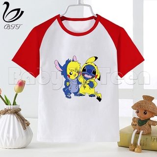 Niña camisas de dibujos animados de puntada y Pikachu ropa divertida bebé divertido de dibujos animados de impresión T-shirt niños verano O-cuello Tops camiseta ropa de bebé