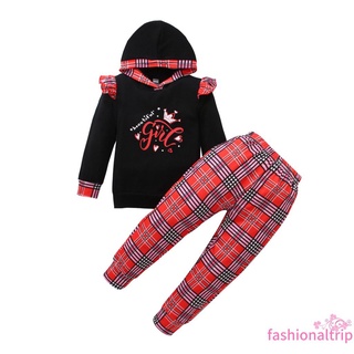 -suéter Con capucha para bebé + pantalones, estampado de cuadros, cintura elástica, volantes, decoración de primavera