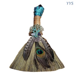 Yys Crystal amatista bruja escoba con decoración de plumas mago de Halloween escoba