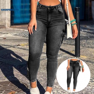 chunfenguyu ^ Lápiz Táctil Piel Jeans Cintura Alta Bolsillos Mujeres Cómodo Streetwear