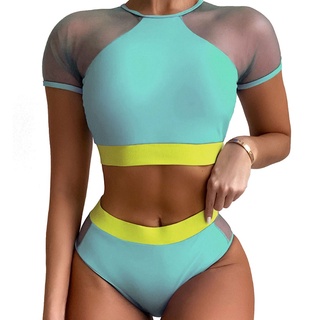 BEF Women Sexy 2pcs Color Block Bikini Set Contrast Mesh Short Sleeve Beach Swimsuit (7)