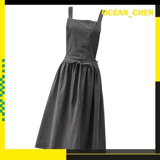 [ocean_chen] Delantales de lino de algodón para mujeres/niñas, delantal de cocina para Chef, delantal ajustable para cocinar, servir, jardinería, café