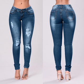 Mujer mediados de talle flaco agujero Denim Jeans estiramiento delgado pantalones de becerro longitud Jeans