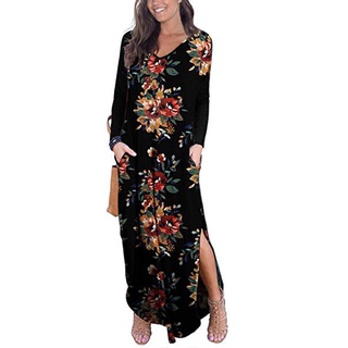 mujer impreso vestido largo cuello v tobillo longitud de manga larga split maxi vestidos verano primavera
