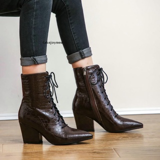 CHELSEA [takejoynew] botas de tobillo puntiagudas con cordones para mujer botas de tobillo de tacón grueso