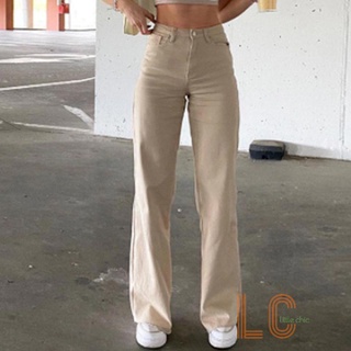 Pantalones De Cintura Alta lchic-pantalón De mezclilla para mujer con bolsillos anchos