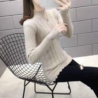 (tendencia De moda) mujer Slim medio cuello alto giro manga larga fondo camisa suéter de punto