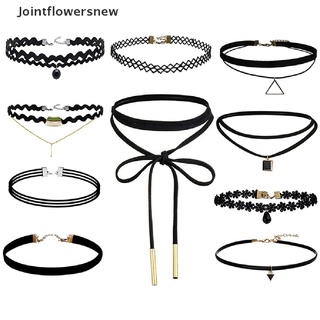 [JFN] Collar De 10 Piezas De Gargantilla Negra Clásica De Terciopelo , Estilo Gótico , Diseño Tatuaje , Conjunto , Flores , Nuevo