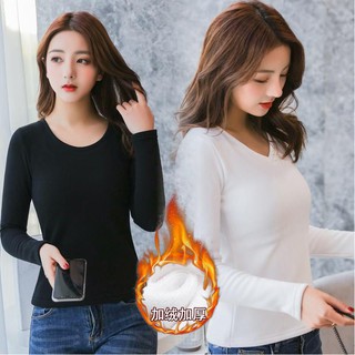 Round neck bottoming shirt women's close-fitting thermal underwear women's plus size plus velvet thick all-match blouse Slim long-sleeved autumn and winter