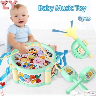 LY 6 unids/set de dibujos animados tambor juguetes jugando instrumentos de música Kit sonajeros temprano educativo bebé regalo divertido agarre de mano campana de arena martillo /Multicolor