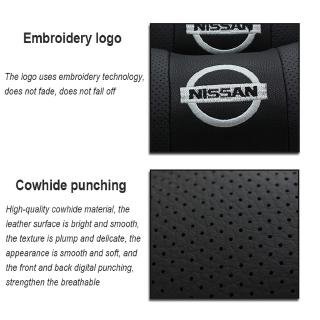2 piezas Boutique Nissan bordado logo del coche reposacabezas de cuero genuino almohada de cuello asiento de coche cojín de cuero (6)