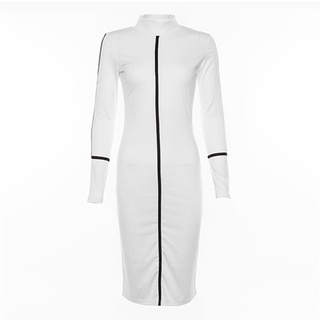 Otoño nuevo Panelled manga larga vestido de las mujeres Bodycon cuello alto flaco y contraste Color lápiz Midi vestido blanco S (6)