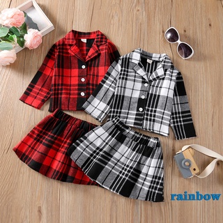 Rainbow-girls Plaid impresión conjunto de ropa, manga larga solapa cuello botón arriba Tops+falda corta una línea