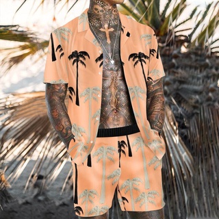 Traje de camisa de hombre traje de verano de manga corta con pantalones cortos de playa (1)