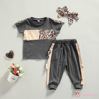 Babygarden-Baby Girls conjunto de ropa, estampado de leopardo cuello redondo manga corta Tops+pantalones+ diadema para 9 meses-4 años