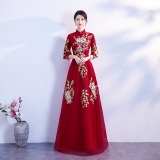 chino tostadas vestido de novia 2021 primavera y verano nuevo elegante vino rojo off-hombro manga larga vestido de novia