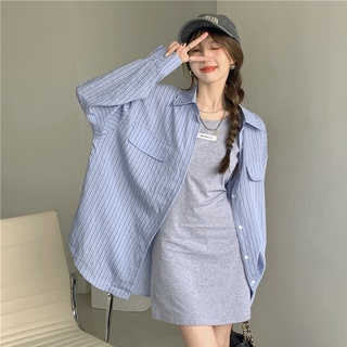 2021 New Autumn Design Blue Striped Shirt Jacket Female Niche Retro Port Style Top Women Cotton Vest Dress