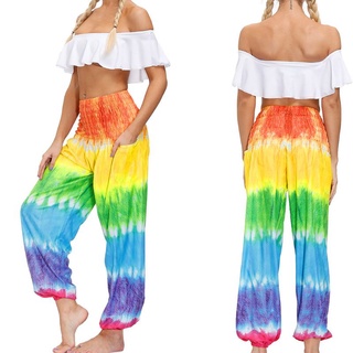 rg mujer smocked cintura hippie yoga pantalones boho tie-dye palazzo suelto harén pantalones (4)