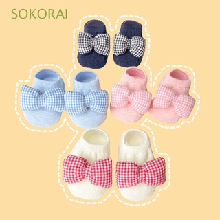 SOKORAI 1-3 Years Old Kids Ankle Socks Cute Non-slip Sole Baby Socks Infant Bownot Warm Cotton Blend Girls Tiny Knitted Letters Printed/Multicolor