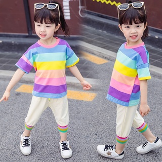 2 unids/Set verano niños niña niños Casual manga corta arco iris impresión T-shirt Top+pantalones cortos traje traje conjunto publicado recientemente