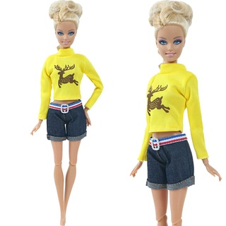 Camisa De Manga larga amarilla De mezclilla Shorts ropa Para muñeca Barbie