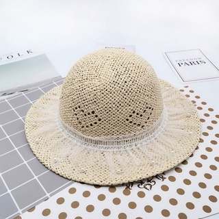 Sombrero de gasa de encaje de paja para niños, diseño de princesa, cubo de playa, protección solar, sombrero de bebé (8)