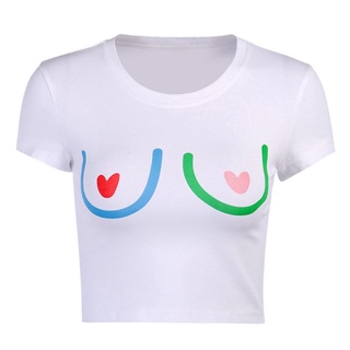 lum Camiseta De Manga Corta Para Mujer Sexy Contraste Color Corazón Estampado Delgado O-Cuello Crop Top