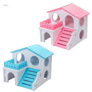 lucky hamster casa de madera de 2 pisos villa pequeñas mascotas escalada juguete escondite para hámster enano jaula accesorios azul/rosa