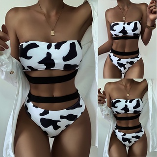 shein^_^ traje de baño dividido estampado de vaca de moda para mujer/bikini sexy de color sólido