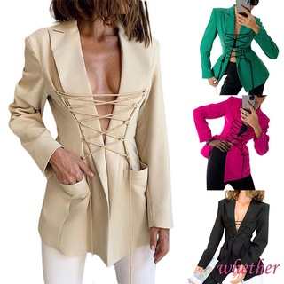 Whe-mujer abrigo, manga larga solapa bolsillos laterales botones de Color sólido vendaje Casual fiesta otoño primavera invierno Cardigan