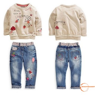 bba-lindo niños bebé niñas tops + jeans pantalones de mezclilla conjunto trajes primavera otoño