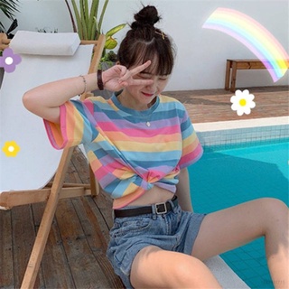 Lindo Ins Arco Iris Rayas T-shirt Para Las Mujeres Todo-Partido De Manga Corta Camiseta Suelta Superior Coreano Estudiante Colorido Fondo Shi