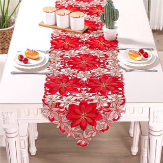 algodón de vacaciones de navidad camino de mesa, cutwork bordado floral de navidad aparador de flores bufanda mesa topper para comer en casa (6)