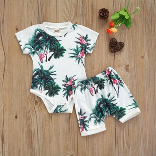 ✲Fu✤2 trajes de verano recién nacidos, bebé niños planta impresión cuello redondo manga corta mameluco + pantalones cortos