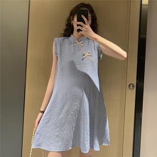 Vestido de maternidad verano Cheongsam modificado a media longitud estilo coreano vestido a cuadros sin mangas moda mamá dulceADe vestido