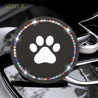 VITELA 2.75 inch Car Coasters Crystal Car Interior Accessory Anti Slip Mats Silicone Rhinestone Bling Dog Paw Cup Holder
