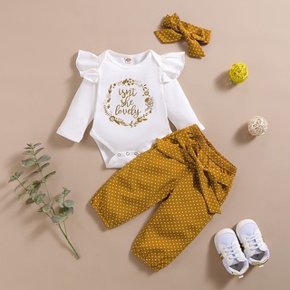 juego de ropa para bebé gril, diseño de letras, estampado de encaje, manga larga+pantalones de olla de polk con lazo y traje de diadema