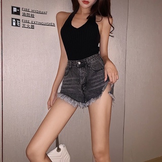 [2] pantalones cortos de mezclilla lavados y rayados de cintura alta versión coreana/pantalones calientes de pierna ancha para mujer (5)