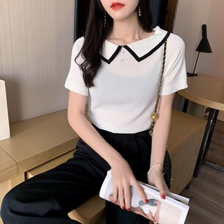 IELGY pearls short sleeves casual loose knitted Stripes top Polo shirt small and fresh slim fit (9)