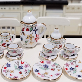 FOFI 15Pcs 1:12 Miniature Porcelain Tea Cup Set Chintz Flower Tableware Kitchen Toys HOT (6)