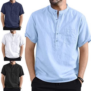 camisa de los hombres cuello de pie de manga corta tela de color sólido camisa tops para el verano