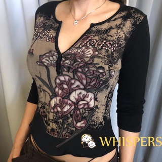 Whispers-mujer Casual manga larga camiseta Vintage impresión V-cuello Tops