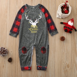 Newborn Baby Christmas Cartoon Pajamas Plaid Family Matching Romper Jumpsuit